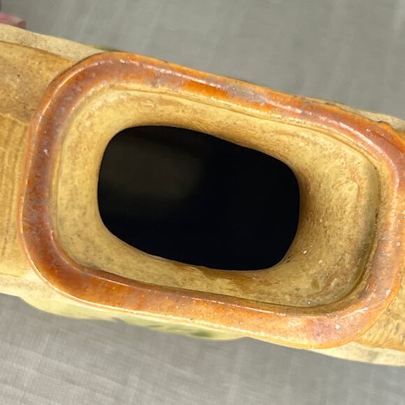 Vintage 70s Square Boho Owl Vase Green Cream Tan Glaze 7 Inches Tall Bohemian - Picture 8 of 9